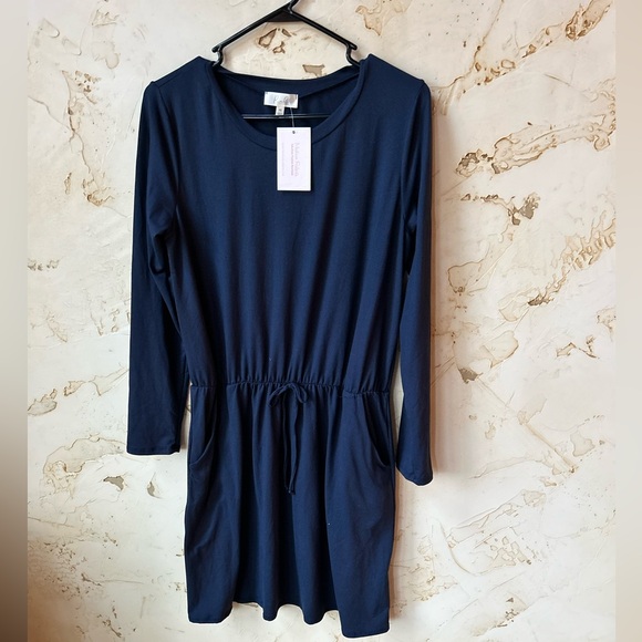 🆕 RIAH Fashion NWT Navy Long Sleeve Short Dress Medium Midi Hem Waist Pockets 💙 - Picture 1 of 6